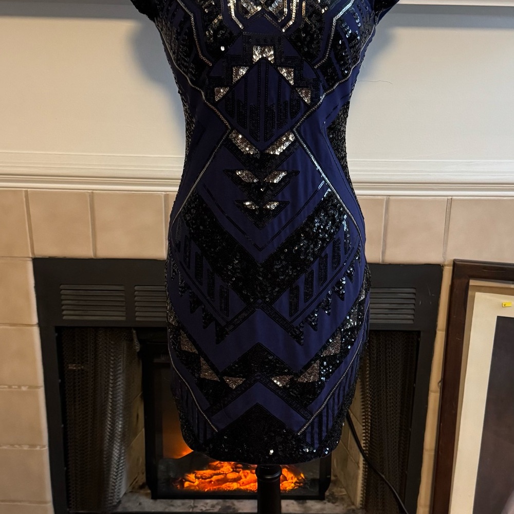 Express Blue, Black & Silver Sequin Flapper Dress